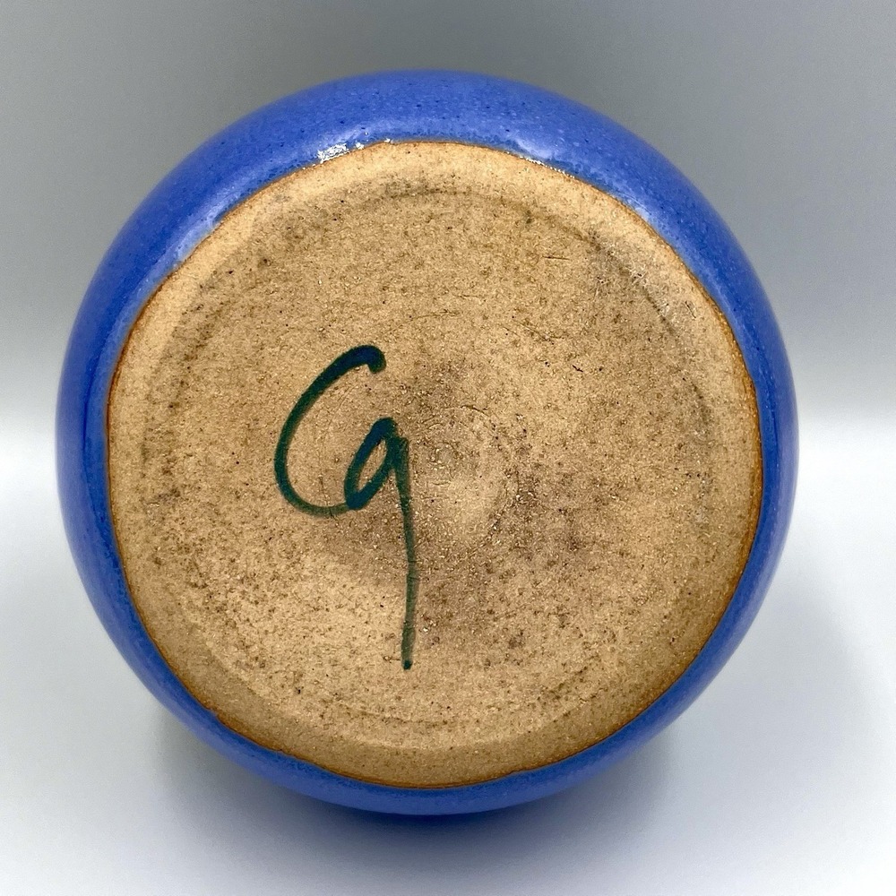Studio Pottery Bud Vase 4.5" Blue Yellow Red Stone Layer‎ Glaze, Artist Signed - Picture 5 of 7